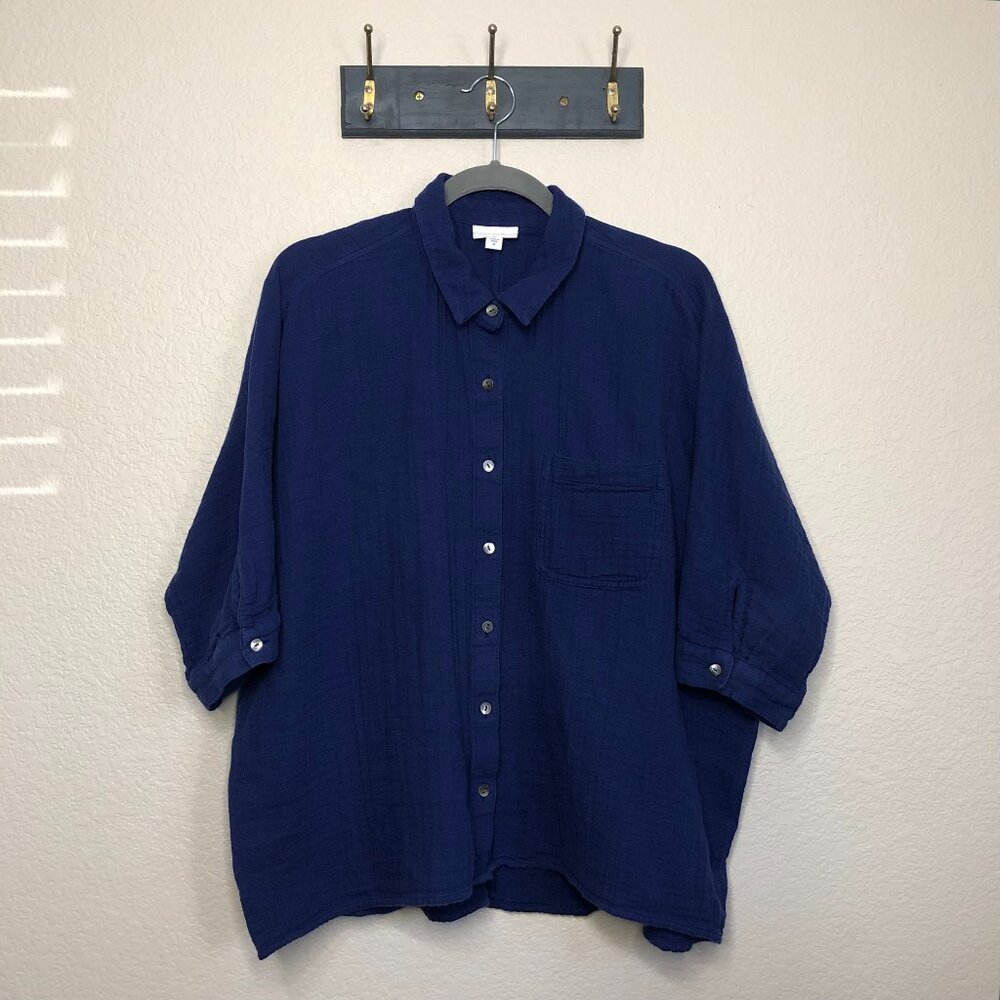 Pure J. Jill Blue Cotton Gauze Button Up Top Women's M Coastal Mom Casual Boho